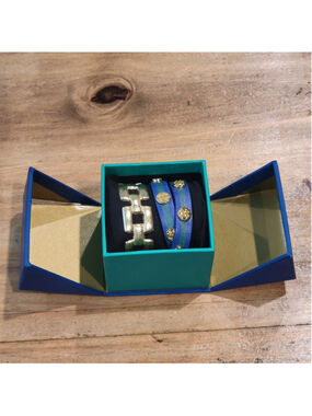 Rustic Cuff Set Blue Leather Wrap & Gold Tone Link Bracelet NIB Ret Retired